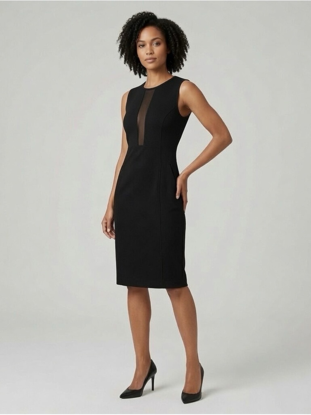 Michael Kors Collection Black Stretch Sheath Dress M Front Mesh Cleavage Panel
